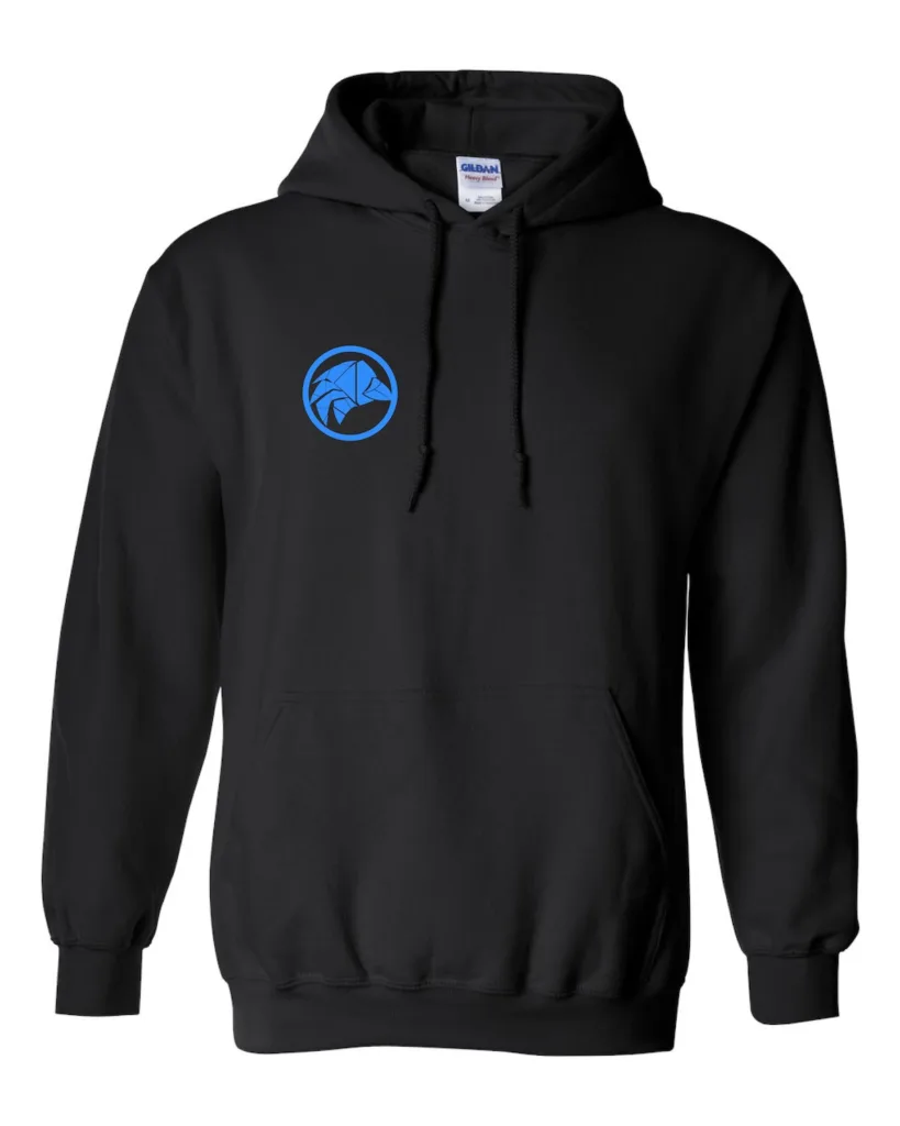Emblem Hoodie — Black, front: brand-blue falcon emblem on the chest