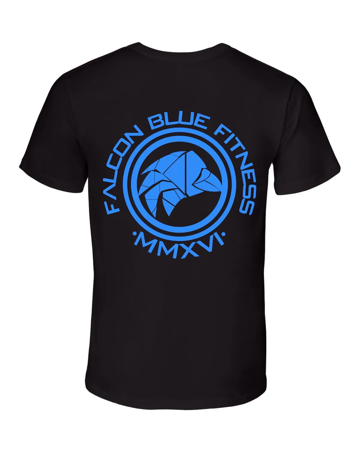Emblem Tee — Black, back: brand-blue Falcon Blue Fitness MMXVI emblem