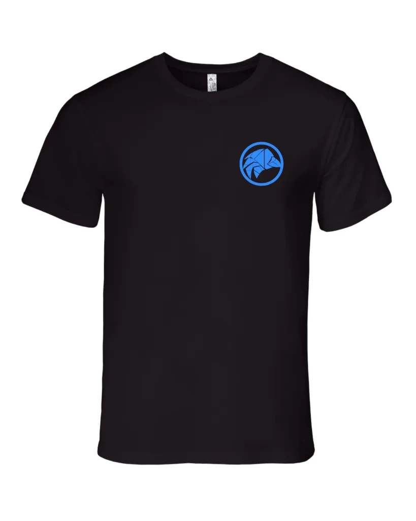 Emblem Tee — Black, front: brand-blue falcon emblem on the chest
